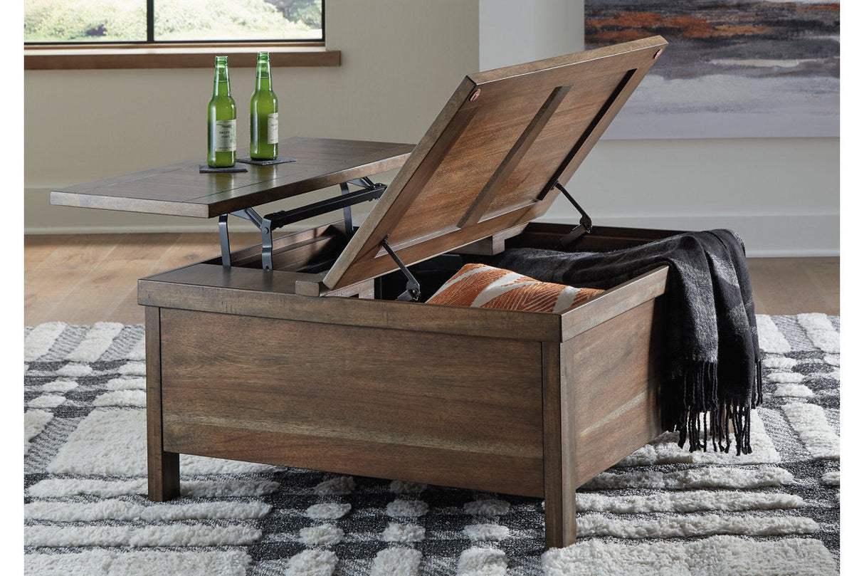 Moriville Grayish Brown Lift-top Coffee Table and 2 Chairside End Tables