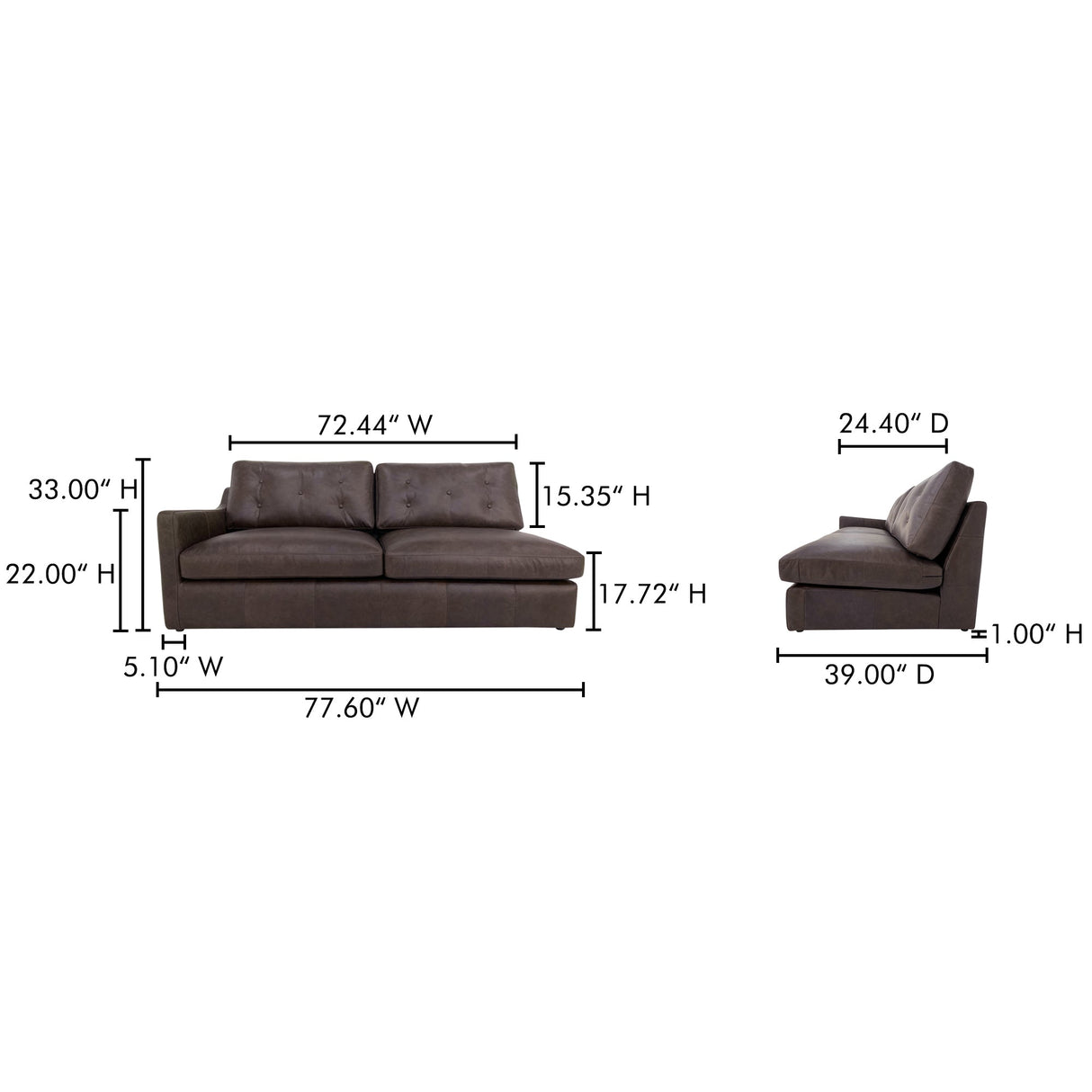 Thurlow Espresso Brown Leather Left Arm Facing Sofa by Moe's Home at Eve Furniture