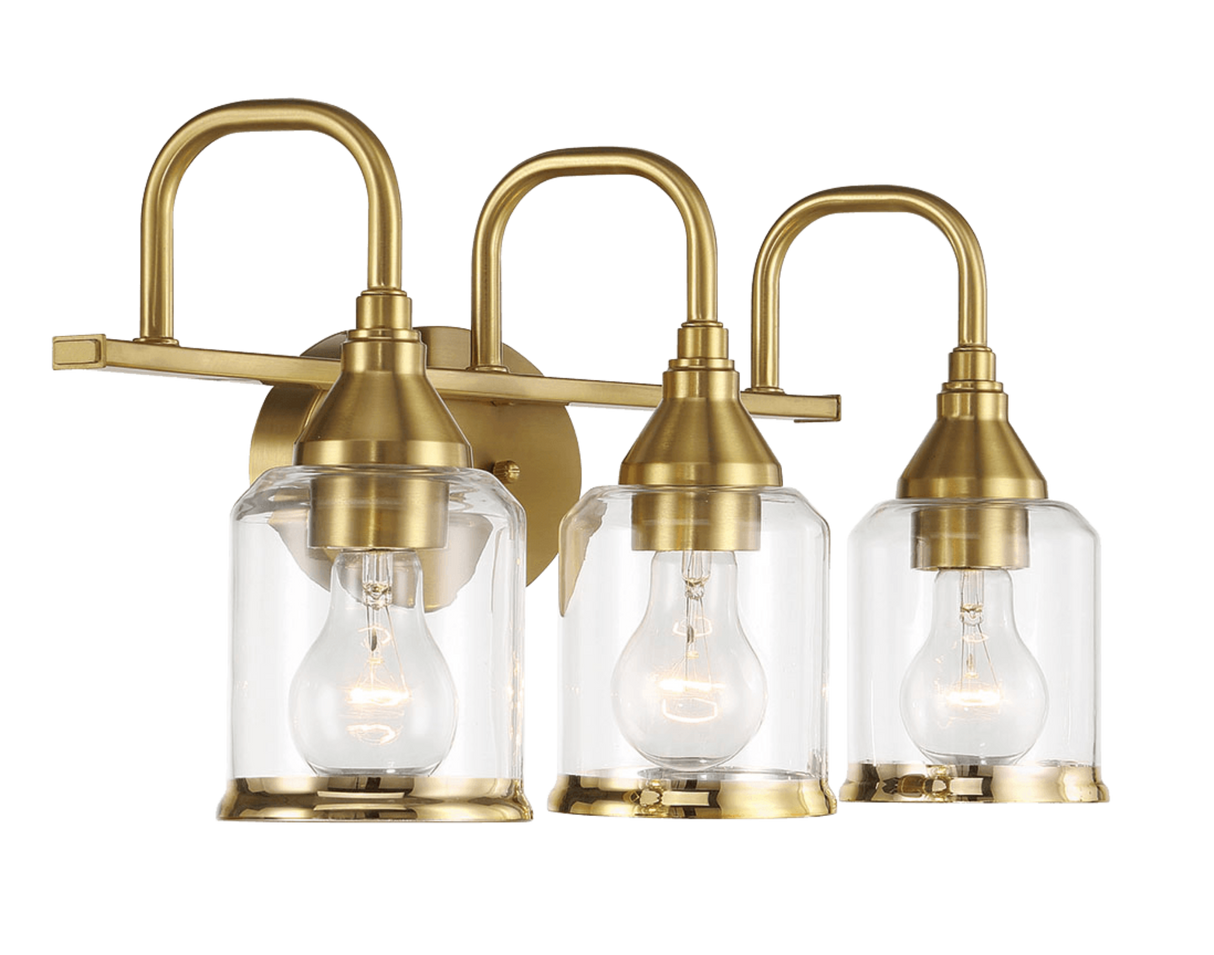 Twilight Three Lights Brushed Gold Contemporary Vanity Light 22"W × 10"H × 7.48"E with Clear Glass by Ashcroft Imports at Eve Furniture