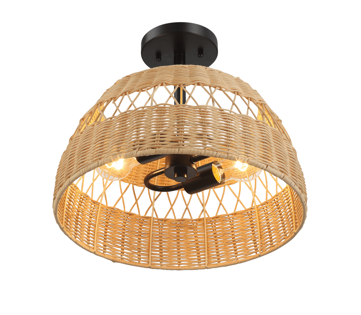 Twinkle Double Lights Semi Flush With Rattan Shade Black Metal Finish for Farmhouse Style by Ashcroft Imports at Eve Furniture