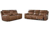 Game Plan Caramel Power Reclining Sofa and Loveseat