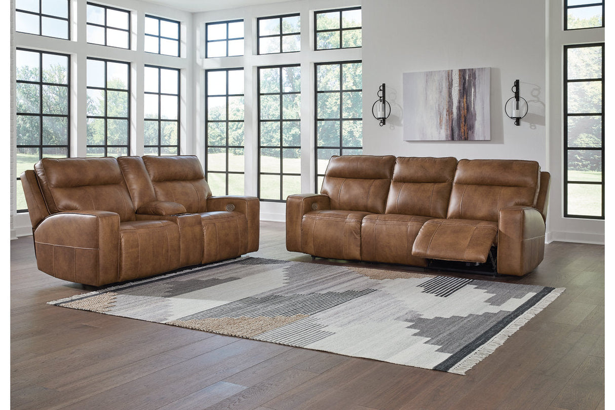 Game Plan Caramel Power Reclining Sofa and Loveseat