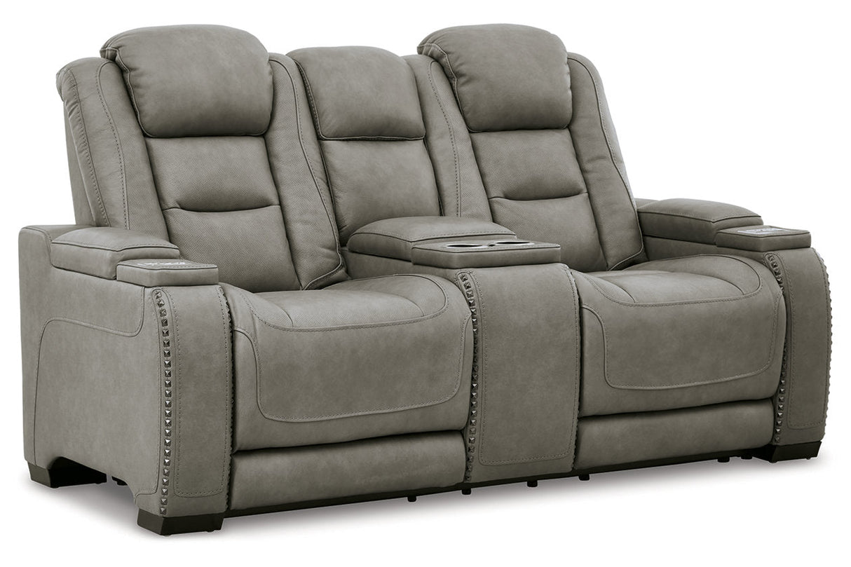 The Man-Den Gray Power Reclining Loveseat with Console