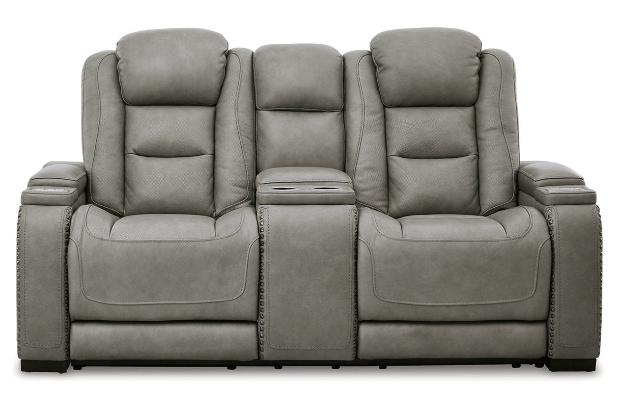 The Man-Den Gray Power Reclining Loveseat with Console