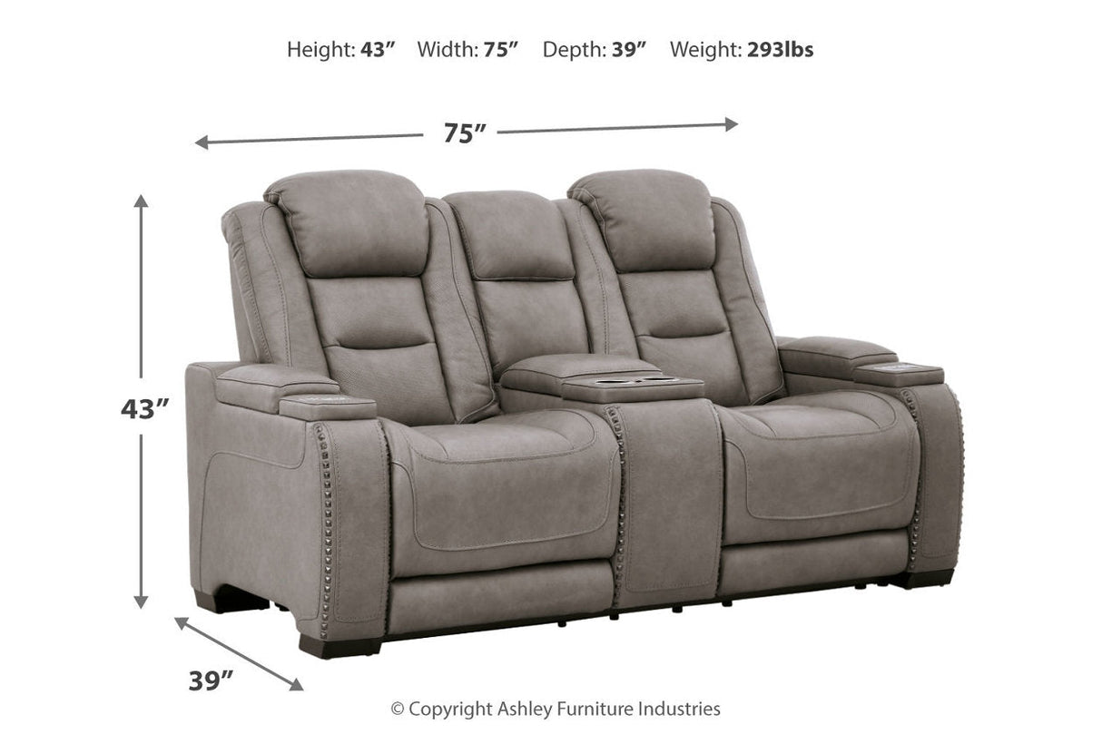 The Man-Den Gray Power Reclining Loveseat with Console