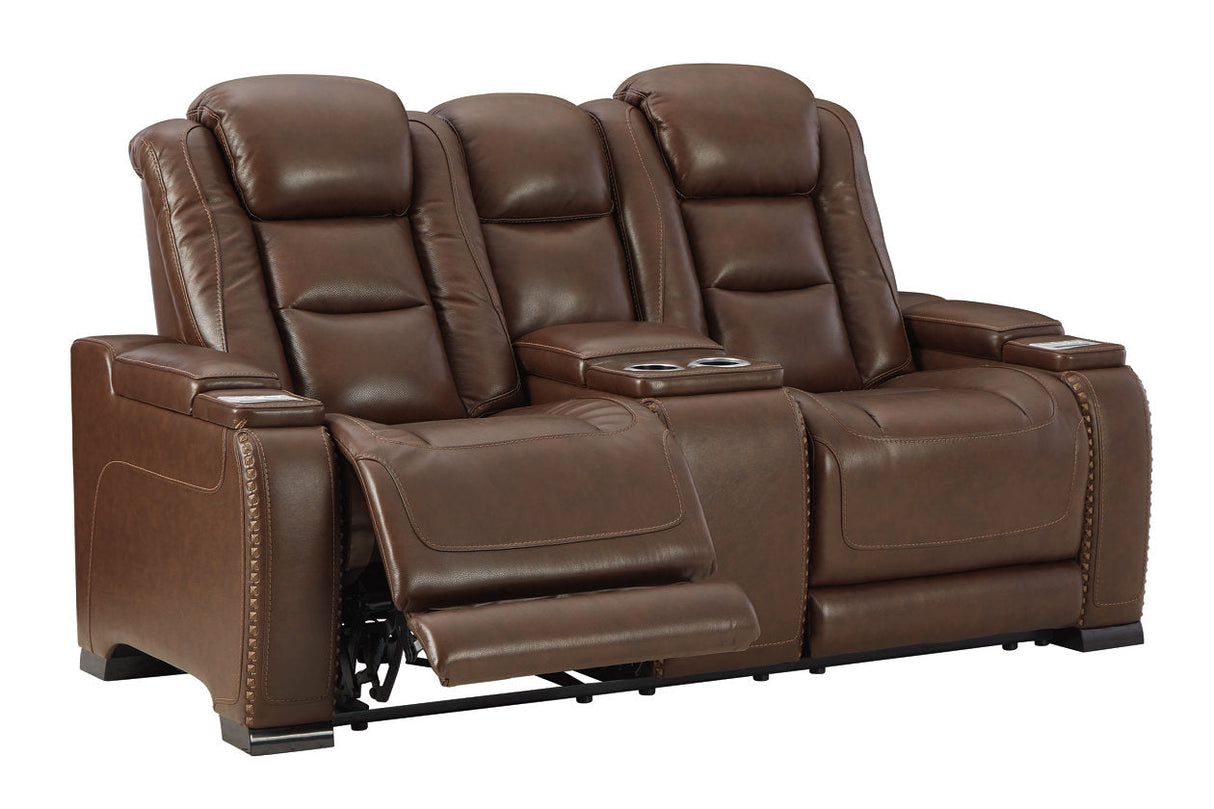 The Man-Den Mahogany Power Reclining Loveseat with Console