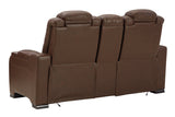 The Man-Den Mahogany Power Reclining Loveseat with Console