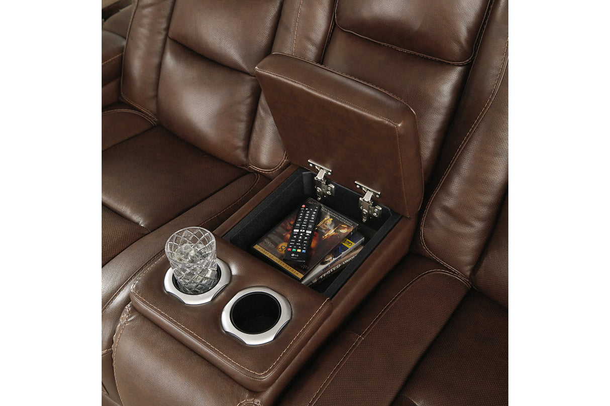 The Man-Den Mahogany Power Reclining Loveseat with Console