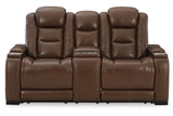 The Man-Den Mahogany Power Reclining Sofa and Loveseat