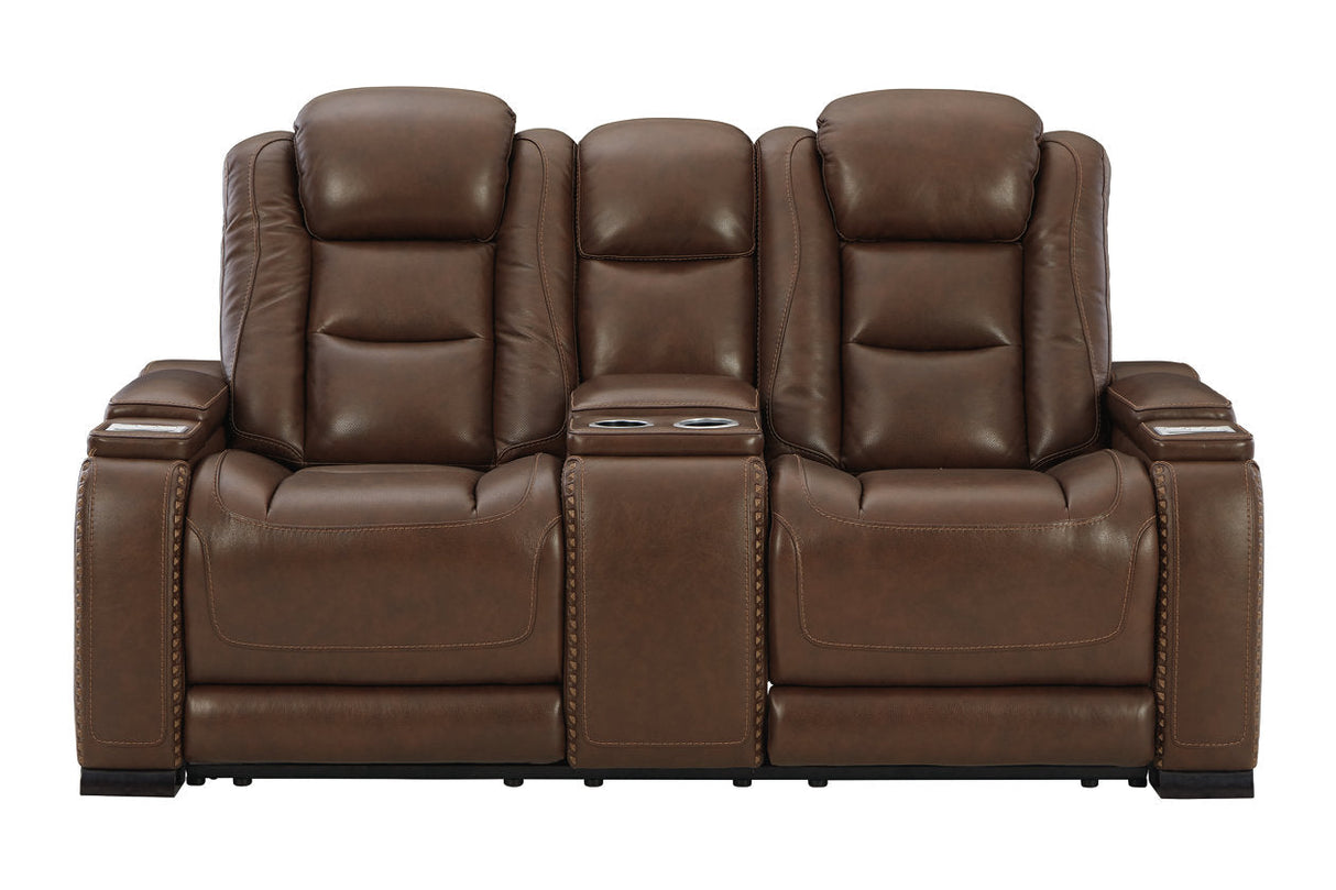 The Man-Den Mahogany Power Reclining Loveseat with Console