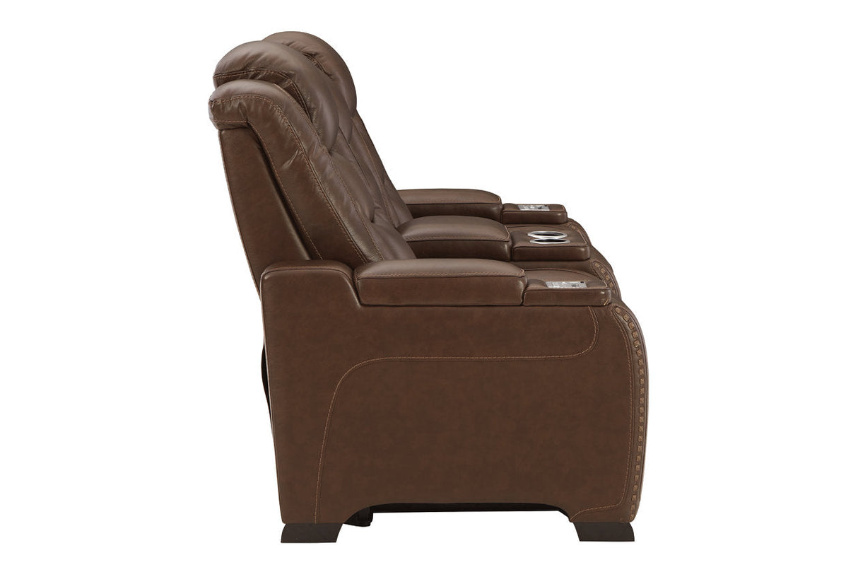 The Man-Den Mahogany Power Reclining Loveseat with Console