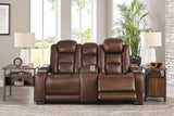 The Man-Den Mahogany Power Reclining Loveseat with Console