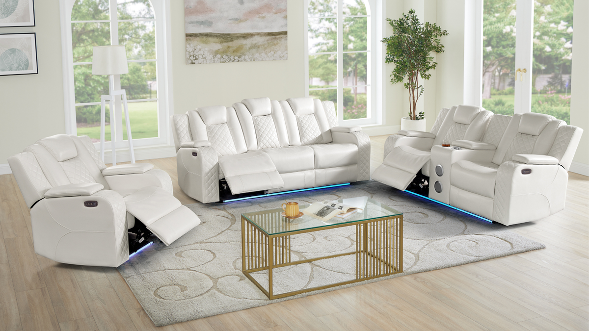 Juego de sala reclinable eléctrico de 3 piezas de cuero sintético blanco Eclipse [Precio especial]