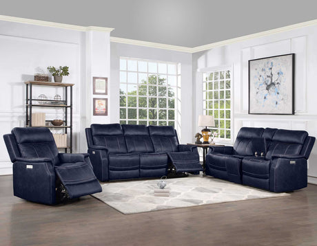 Valencia Ocean Blue Dual-Power Leatherette Reclining Console Loveseat by Steve Silver at Eve Furniture
