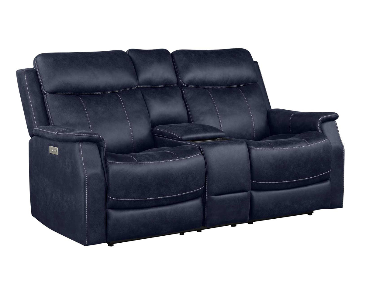 Valencia Ocean Blue Dual-Power Leatherette Reclining Console Loveseat by Steve Silver at Eve Furniture