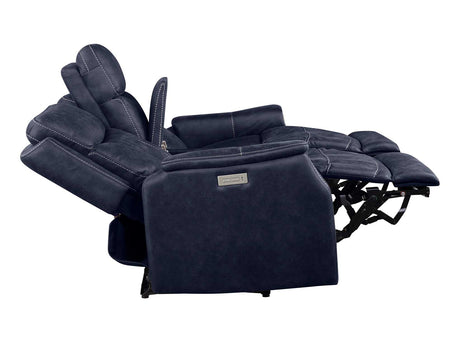 Valencia Ocean Blue Dual-Power Leatherette Reclining Console Loveseat by Steve Silver at Eve Furniture