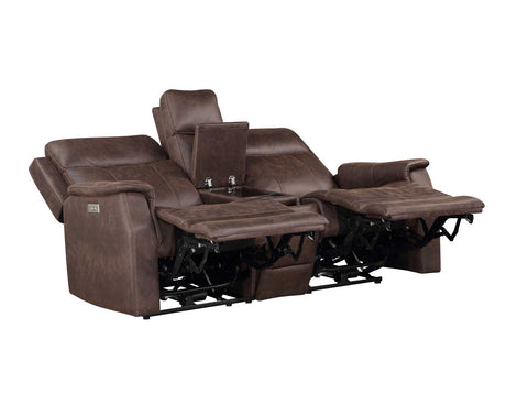 Valencia Walnut Dual Power Leatherette Reclining Loveseat with Console by Steve Silver at Eve Furniture