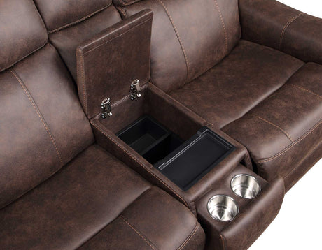 Valencia Walnut Dual Power Leatherette Reclining Loveseat with Console by Steve Silver at Eve Furniture