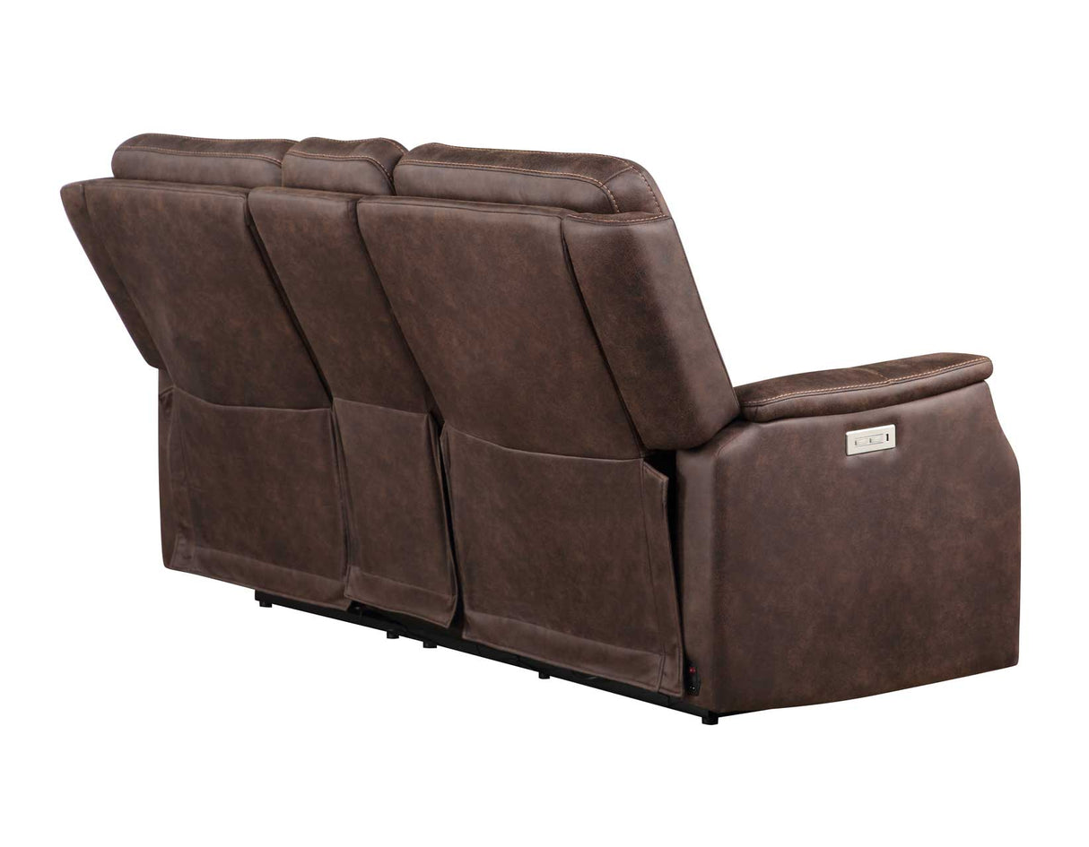 Valencia Walnut Dual Power Leatherette Reclining Loveseat with Console by Steve Silver at Eve Furniture
