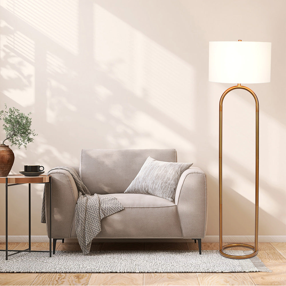 Vivid Brass Ring Base Floor Lamp with Large White Drum Shade by Ashcroft Imports at Eve Furniture