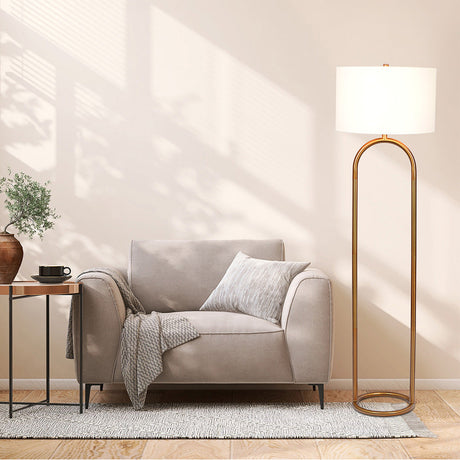 Vivid Brass Ring Base Floor Lamp with Large White Drum Shade by Ashcroft Imports at Eve Furniture