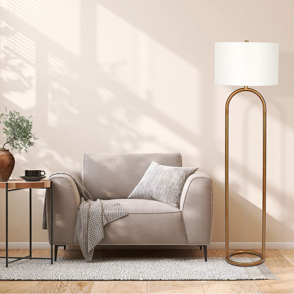 Vivid Brass Ring Base Floor Lamp with Large White Drum Shade by Ashcroft Imports at Eve Furniture