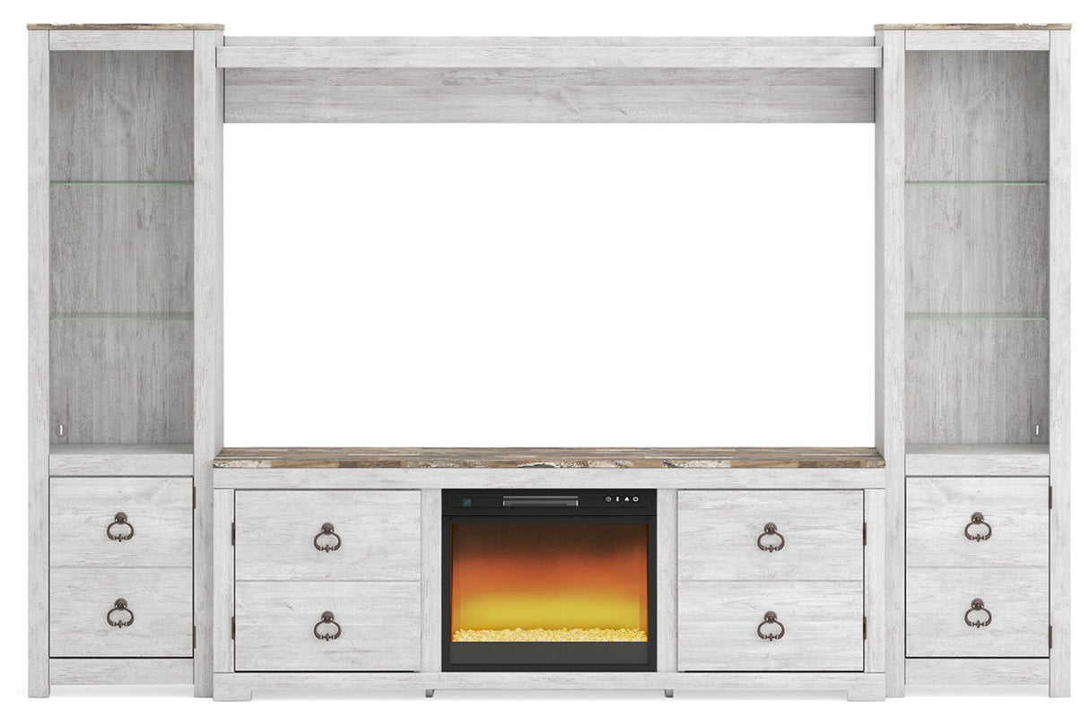 Willowton Whitewash 4-Piece Entertainment Center with Electric Fireplace