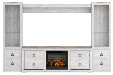 Willowton Whitewash 4-Piece Entertainment Center with Electric Fireplace