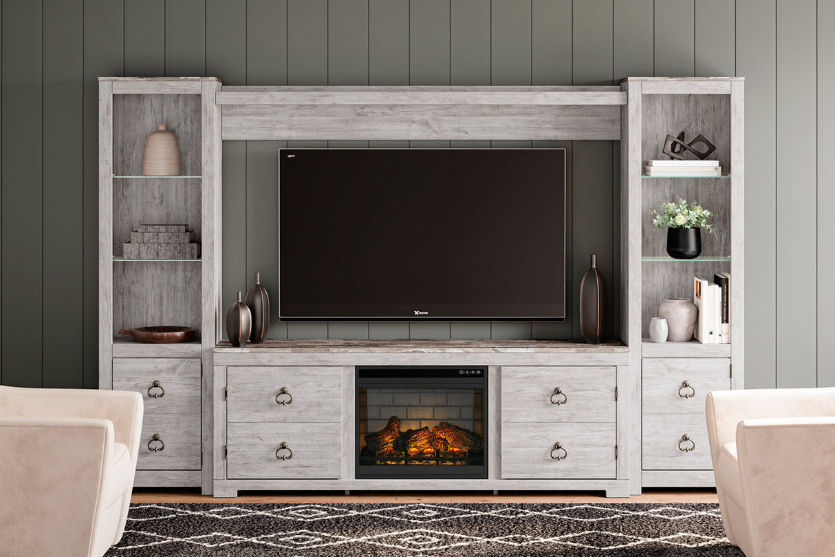 Willowton Whitewash 4-Piece Entertainment Center with Electric Fireplace