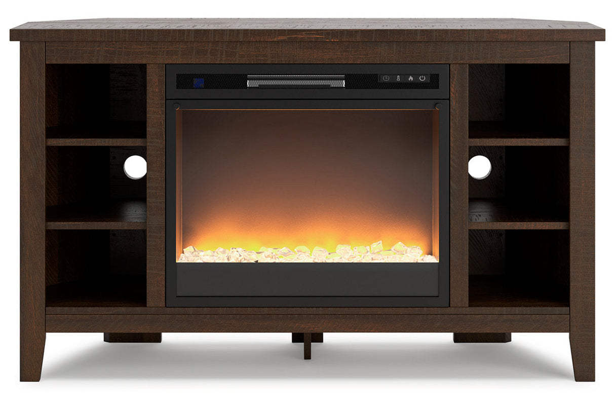 Camiburg Warm Brown Corner TV Stand with Electric Fireplace