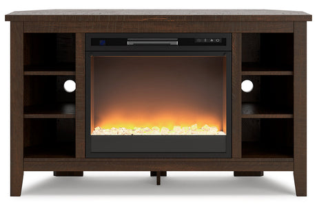 Camiburg Warm Brown Corner TV Stand with Electric Fireplace