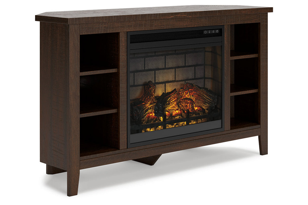 Camiburg Warm Brown Corner TV Stand with Electric Fireplace