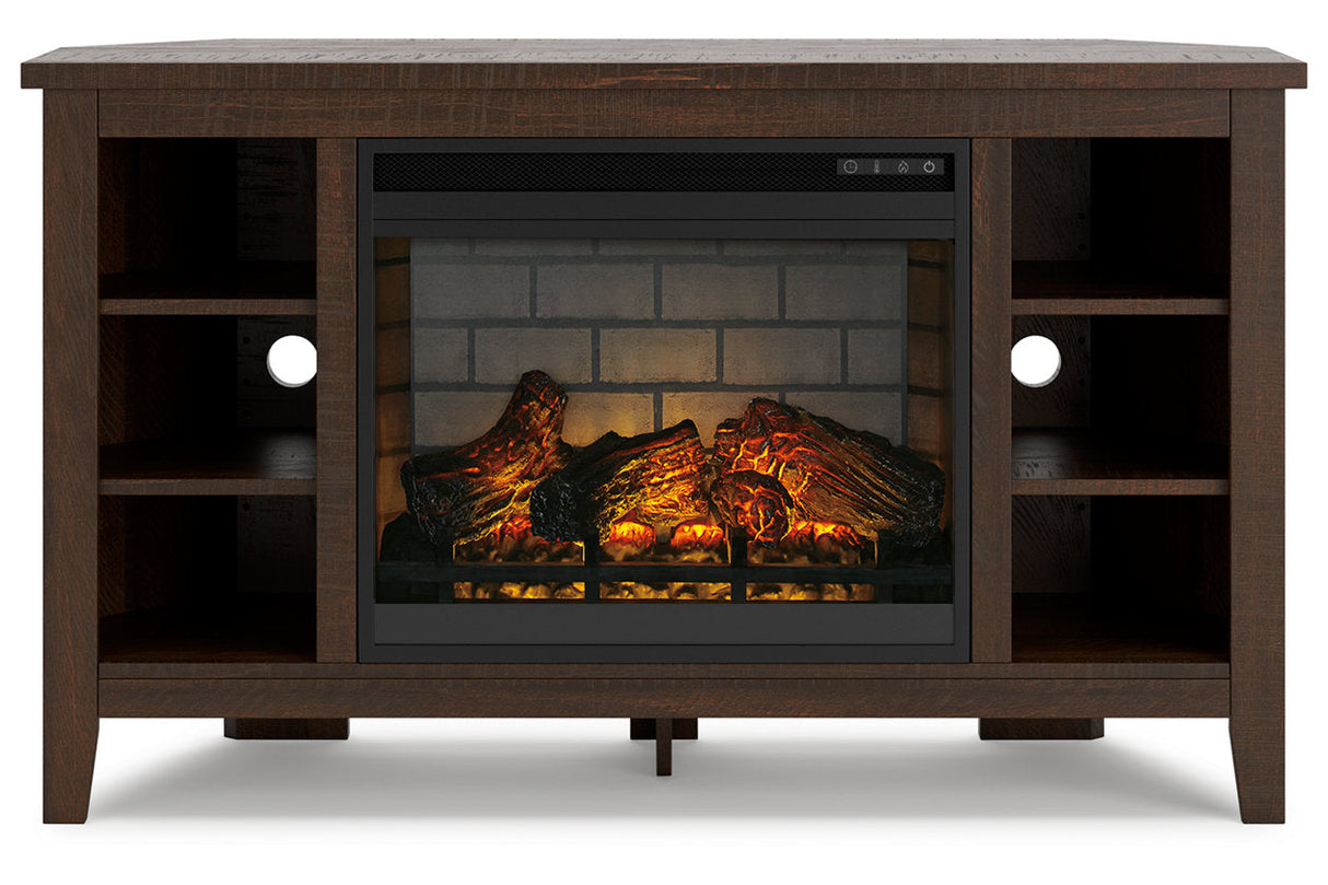 Camiburg Warm Brown Corner TV Stand with Electric Fireplace