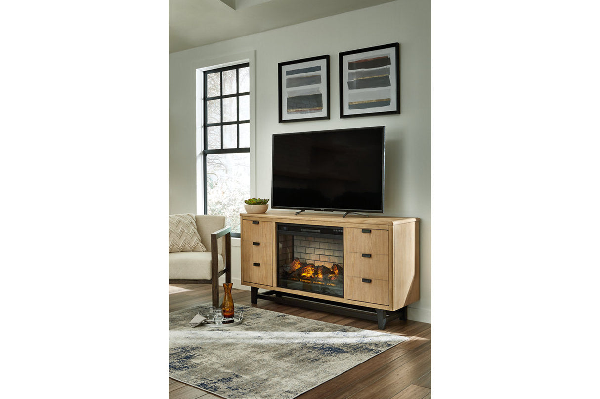 Freslowe Light Brown/Black TV Stand with Electric Fireplace