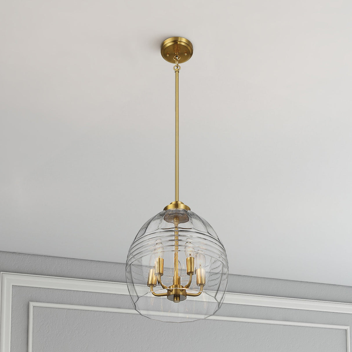 Zen Five Pendant Chain Hanging Light with Clear Glass - Satin Brass by Ashcroft Imports at Eve Furniture