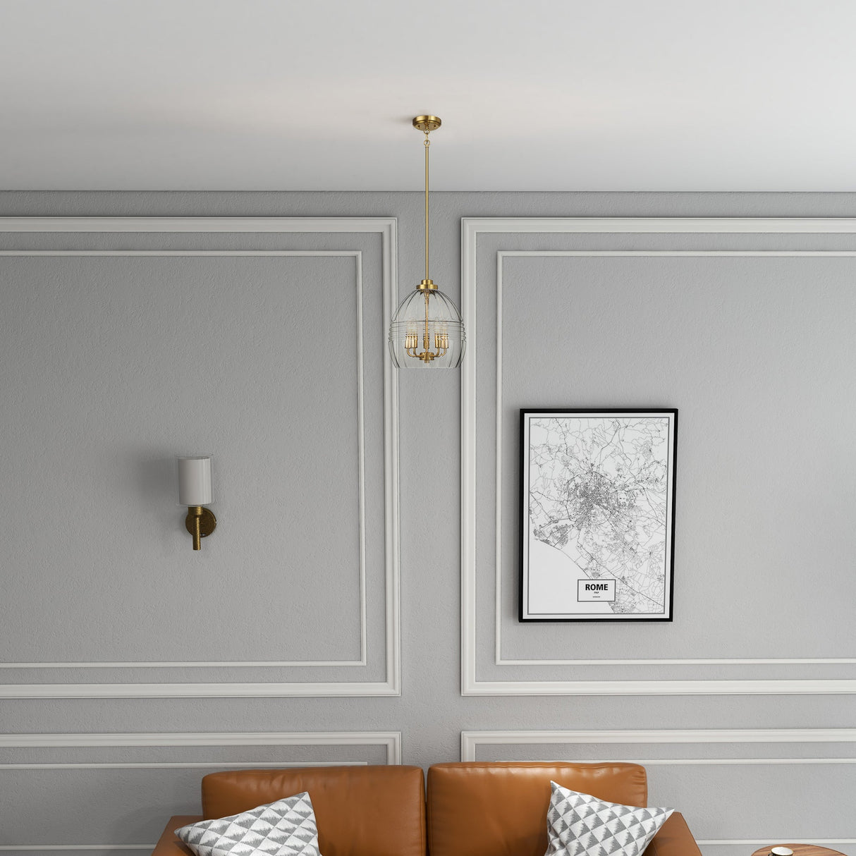 Zen Five Pendant Chain Hanging Light with Clear Glass - Satin Brass by Ashcroft Imports at Eve Furniture