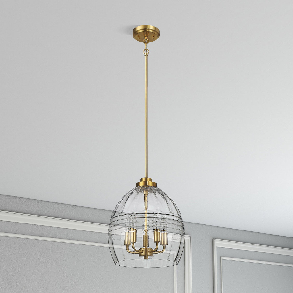 Zen Five Pendant Chain Hanging Light with Clear Glass - Satin Brass by Ashcroft Imports at Eve Furniture