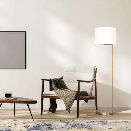 Zenith Offset Brass Base Floor Lamp with Drum-shaped Linen Shade by Ashcroft Imports at Eve Furniture