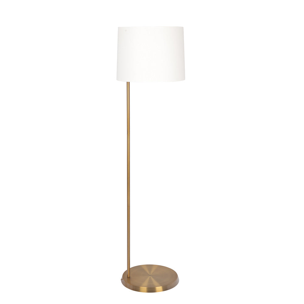 Zenith Offset Brass Base Floor Lamp with Drum-shaped Linen Shade by Ashcroft Imports at Eve Furniture