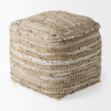 Aadhya 16.0L x 16.0W x 16.0H Taupe/Silver Leather and Cotton Pouf by Mercana at Eve Furniture