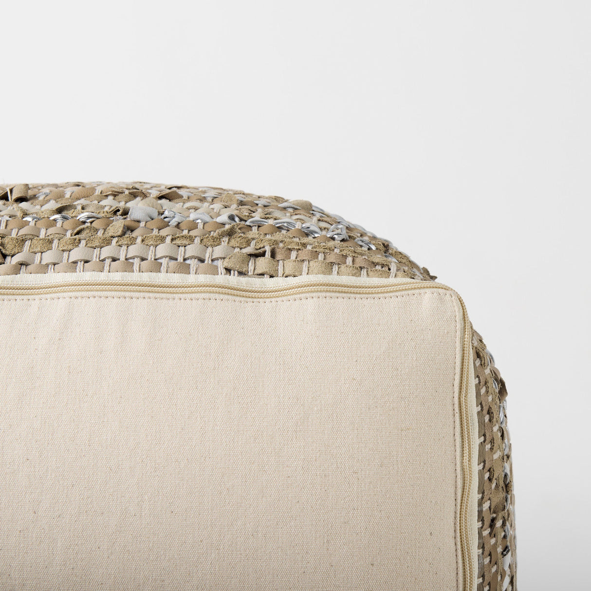 Aadhya 16.0L x 16.0W x 16.0H Taupe/Silver Leather and Cotton Pouf by Mercana at Eve Furniture