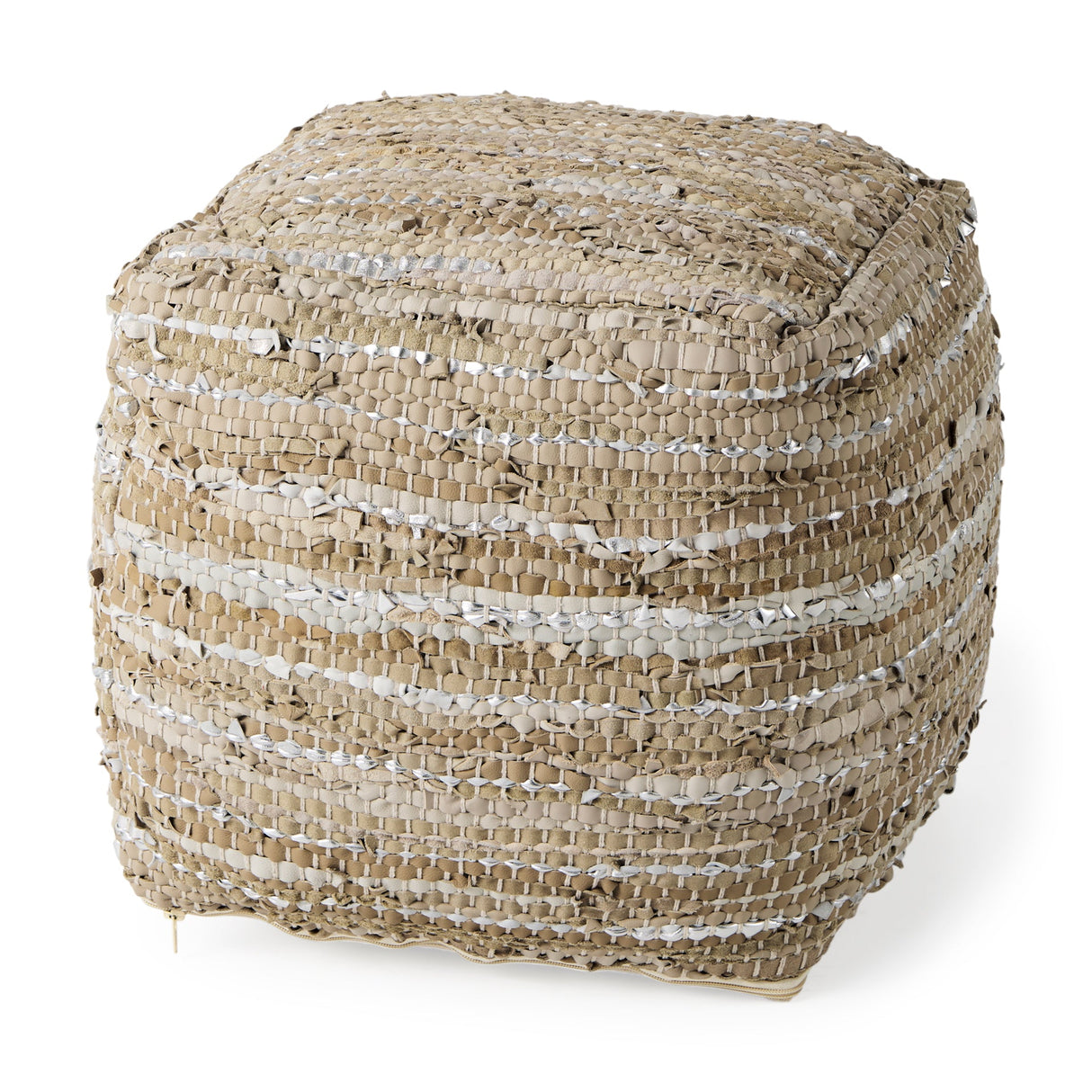 Aadhya 16.0L x 16.0W x 16.0H Taupe/Silver Leather and Cotton Pouf by Mercana at Eve Furniture