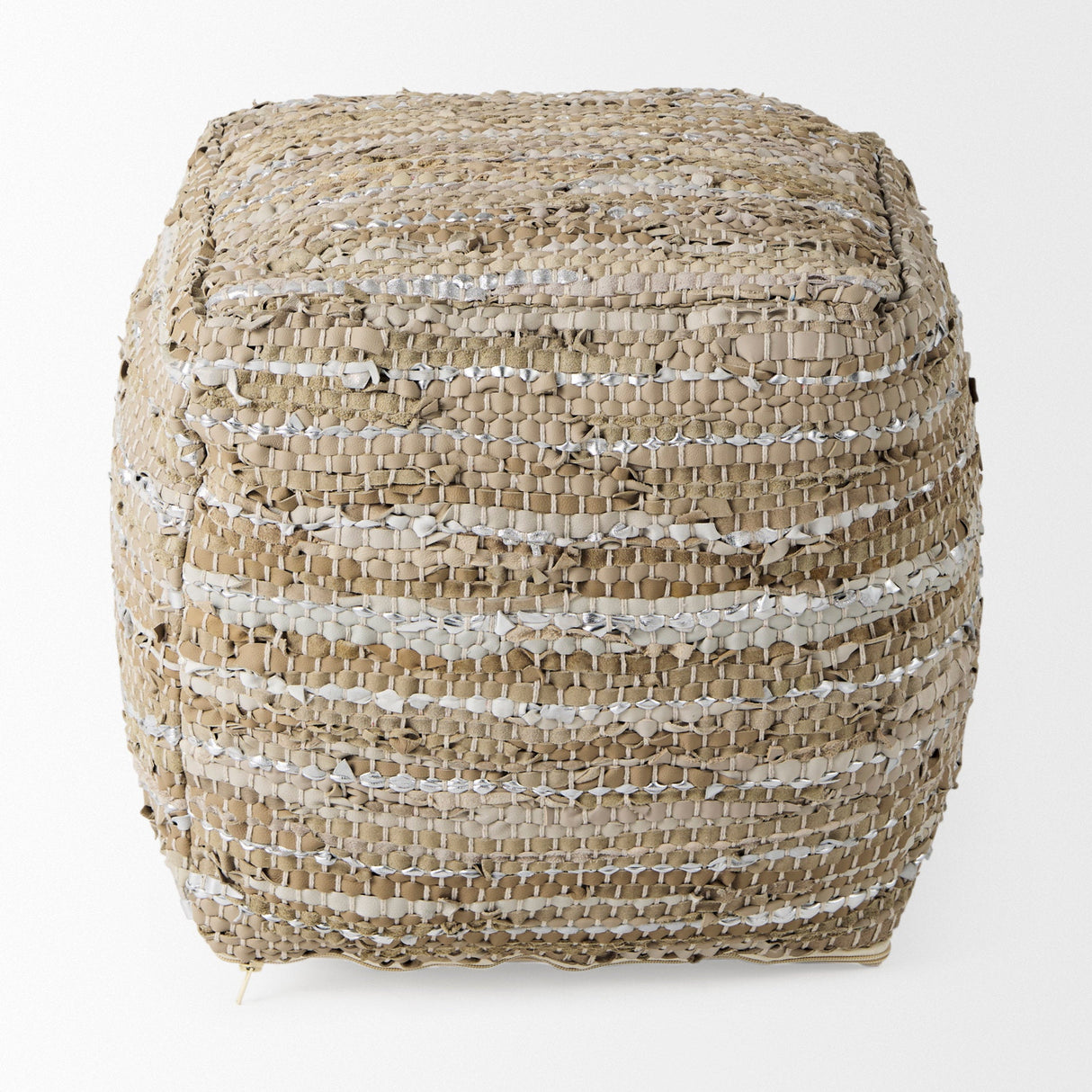 Aadhya Taupe/Silver Leather and Cotton Pouf by Mercana at Eve Furniture