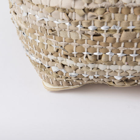 Aadhya Taupe/Silver Leather and Cotton Pouf by Mercana at Eve Furniture