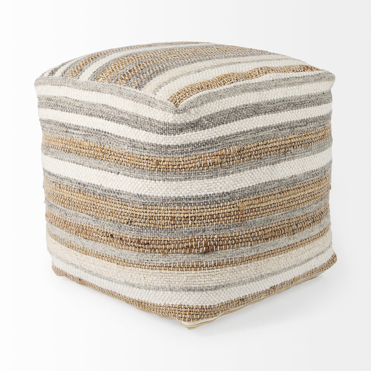 Aahana 16.0L x 16.0W x 16.0H White/Taupe/Gray Striped Hemp and Cotton Pouf by Mercana at Eve Furniture