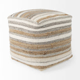 Aahana 16.0L x 16.0W x 16.0H White/Taupe/Gray Striped Hemp and Cotton Pouf by Mercana at Eve Furniture