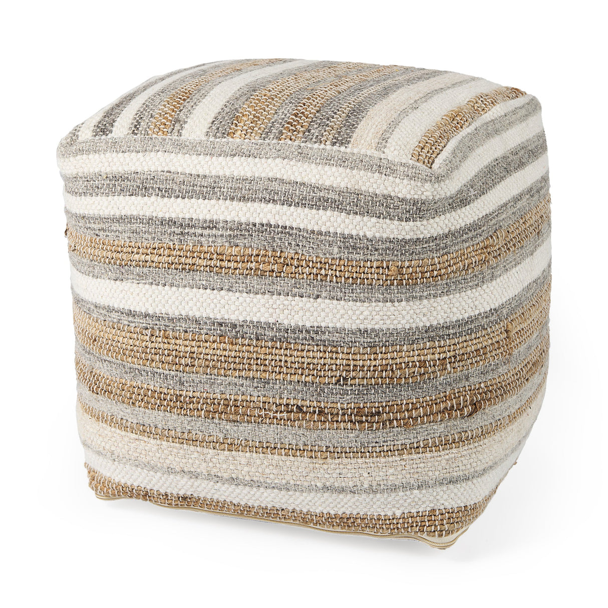 Aahana 16.0L x 16.0W x 16.0H White/Taupe/Gray Striped Hemp and Cotton Pouf by Mercana at Eve Furniture