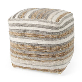 Aahana 16.0L x 16.0W x 16.0H White/Taupe/Gray Striped Hemp and Cotton Pouf by Mercana at Eve Furniture