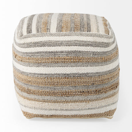 Aahana White/Taupe/Gray Striped Hemp and Cotton Pouf by Mercana at Eve Furniture