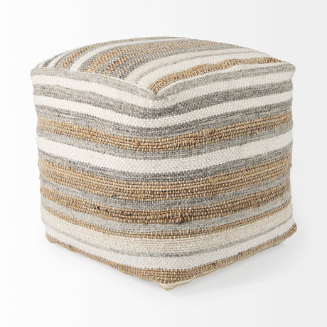 Aahana White/Taupe/Gray Striped Hemp and Cotton Pouf by Mercana at Eve Furniture